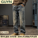 GUYN高端品牌男装美式复古水洗拼接牛仔裤男秋季新款宽松直筒裤子男 29 建议体重110-120斤