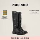 MiuMiu【礼物】缪缪女士做旧款牛皮革皮靴靴子 黑色 35
