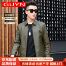 GUYN品牌男装真皮皮衣男头层绵羊皮修身短款翻领夹克商务外套 单皮 军绿 L 170