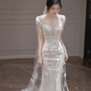 闪动少女（SHANDONGSHAONV）法式鱼尾轻婚纱新娘2025新款小个子出门纱订婚礼服裙小拖尾迎宾纱 鱼尾小拖尾【无配件】 XL