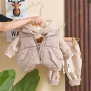 ONEDEW儿童套装冬季马甲三件套新款宝宝马甲幼儿加绒加厚卫衣套装潮 KKM熊头连帽三件套米色 加绒 80 默认尺码19