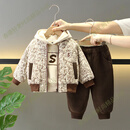 ONEDEW男童冬装套装儿童套装酷帅加绒加厚卫衣棉衣外套宝宝时髦三件套潮 咖色 80 默认尺码17