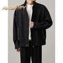 MAGIOPY高端品牌男装高档皮衣男款痞帅感美式宽松立领潮流机车短款皮夹克 黑色 M