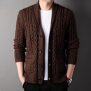 UOSO品牌男装针织开衫男秋冬季加厚款青果领复古麻花外套男 咖色 M 170/ （适合体重120-140）