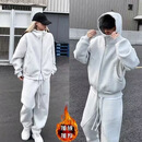 美式简约重磅连帽卫衣裤子潮流男士休闲卫衣套装 白灰套装（加绒款） 2XL 【建议140-160斤】