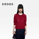 ERDOS【新年红】25秋冬圆领装饰镂空网眼钩花上衣女开衫羊绒衫 中世纪红 S 160/80A