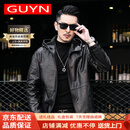 GUYN品牌男装真皮皮衣男士头层油蜡牛皮修身连帽夹克休闲外套 黑色 M 165 适合100-115斤