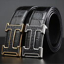 Maza Honguan轻奢男士鳄鱼皮皮带男真皮新款时尚腰带潮平滑扣裤带男 金扣(配黑色肚皮带身) 155cm 联系在线客服【领优惠券】