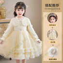 ELLE KIDS女童裙子春秋儿童公主裙花童婚礼礼服生日蓬蓬纱裙富家千金公主裙 香槟色【感公主裙+皇冠+白色裤袜】 100