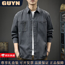 GUYN高端品牌男装2025秋季新款工装长袖衬衫男美式复古宽松休闲衬衣男 深灰色 深灰色 XL 体重140-160斤