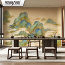 国画青绿山水墙纸新中式电视背景墙壁纸客厅壁布沙发影视墙布壁画 云丝布定制专拍，高：266厘米 宽：254厘米