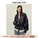 付智恩 摩登女王 双色油蜡绵羊皮腰带款廓形短款真皮夹克皮衣外套 灰褐色 S