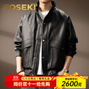 FOSEKI高端品牌男装高端复古老钱风立领PU皮衣男士秋季新款宽松潮流机车 黑色 M 适合100-120斤