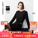 朗姿冬季新款法式复古小香风裙子羊毛气质显瘦正肩长袖连衣裙 黑色 L