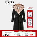 PORTS宝姿女装2024秋季新款LOGO提花连帽羊毛大衣ALT9C009UZW022 黑色印花 M （6）