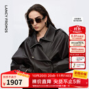 朗姿设计感时尚环保皮衣女纯色复古重工夹克外套2025年冬季新款 深咖色 S