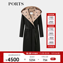 PORTS宝姿女装2024秋季新款LOGO提花连帽羊毛大衣ALT9C009UZW022 黑色印花 M （6）