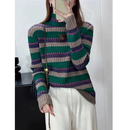 【爆款热卖】渐变彩虹秋冬新款绿条纹长袖百搭宽松针织套头毛衣女 绿条纹 L （120-140斤）