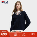 FILA 斐乐官方女子编织衫2025冬新款时尚休闲复古宽松V领麻花毛衣 传奇蓝-NV M 165/84A/M