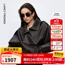 朗姿设计感时尚环保皮衣女纯色复古重工夹克外套2025年冬季新款 深咖色 S