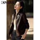 凯撒（KAISER）凯撒皮衣女真皮翻领收腰小羊皮单皮外套秋季皮夹克女装棕色M