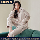 GUYN【抗静电】情侣睡衣女冬季加绒加厚法兰绒珊瑚绒家居服男套装 62784米杏-女【主图女款】 M