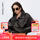 朗姿设计感时尚环保皮衣女纯色复古重工夹克外套2025年冬季新款 深咖色 S