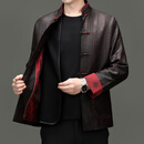 埃莱森香云纱外套中山装真丝唐装龟裂纹香云纱可脱卸羊毛内胆长袖男莨纱 黑色 2XL