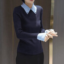 【新款高端】灰色翻领针织衫秋装女装秋季撞色拼接小上衣毛衣 藏青色针织衫 均码 XL 【建议115-130斤】