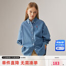 ELLE KIDS女童衬衣秋外穿宽松水洗牛仔刺绣休闲百搭翻领长袖衬衫上衣