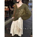 三吉黑花【露华】新中式手工剪花半身裙女2025新款冬装A字马面裙 奶米 M