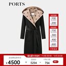 PORTS宝姿女装2024秋季新款LOGO提花连帽羊毛大衣ALT9C009UZW022 黑色印花 M （6）
