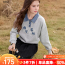 百图（betu）女装2025年秋季新款卫衣趣味撞色字母绣花牛仔拼接上衣女2509T59 灰色 M