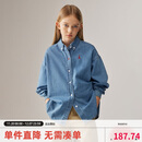 ELLE KIDS女童衬衣秋外穿宽松水洗牛仔刺绣休闲百搭翻领长袖衬衫上衣