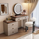 接运猫2025新款奶油风梳妆台卧室现代简约床尾实木斗柜收纳柜一体化妆桌 80cm妆台+柜+圆镜+手提凳 KD16白色-胡桃木色桌面-三斗柜