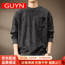 GUYN高端400g重磅德澳绒圆领卫衣男士秋季加绒印花宽松长袖保暖打底衫 灰色 L 适合130-150斤