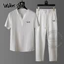 Walker Shop套装男2026夏季运动风男装V领刺绣百搭简约时尚短袖T恤两件套男 白色 套装 2XL 【建议145-165斤】
