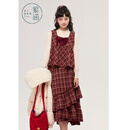 紫涵（ZIHAN）紫涵红格方领无袖娃娃衫木耳边拼接半身裙两件套装女2025冬季新款 红格 M