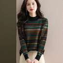 新款鄂尔多斯百搭显瘦气质条纹保暖毛衣宽松打底内搭针织衫时尚女 绿色 L 【建议120-150斤】