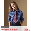 ELLE KIDS休闲风女童春秋款经典百搭miu系学院风格纹长袖刺绣格纹衬衫