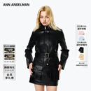 ANN ANDELMAN【明星同款】短款皮衣女秋冬系带收腰毛领加绒加厚保暖夹克外套 黑色 XS