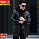 恒源祥男士真皮皮衣中长款连帽头层牛皮风衣冬季加厚羊毛内胆皮夹克外套 黑色【高端品质】 5XL