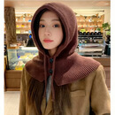 秋冬爆款针织克拉法帽纽扣韩版女保暖护耳包头骑行一体帽 巴拉克拉法披肩帽-咖色