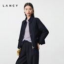 LANCY朗姿2025冬新款百搭丝绵翻领棉服短外套夹克女 深藏青色 XL