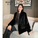 杉译进口天鹅绒貂皮大衣女整貂冬季小个子时尚大气V领水貂毛皮草外套 黑色 M （95-110斤）