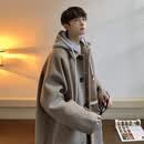 仓石一树潮牌连帽毛呢大衣男秋冬季新款宽松高级感百搭中长款外套 卡其色 L