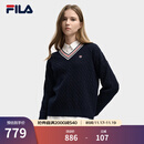 FILA 斐乐官方女子编织衫2025冬新款时尚休闲复古宽松V领麻花毛衣 传奇蓝-NV M 165/84A/M