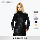 ANN ANDELMAN【明星同款】短款皮衣女秋冬系带收腰毛领加绒加厚保暖夹克外套 黑色 XS
