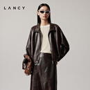 LANCY朗姿【羊皮】2025秋季新款复古廓形美拉德高级感真皮衣外套 深棕色2 L