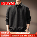 GUYN高端美式麦穗纹肌理长袖Polo衫男秋季新款假两件宽松翻领休闲卫衣 黑色 M 适合100-120斤